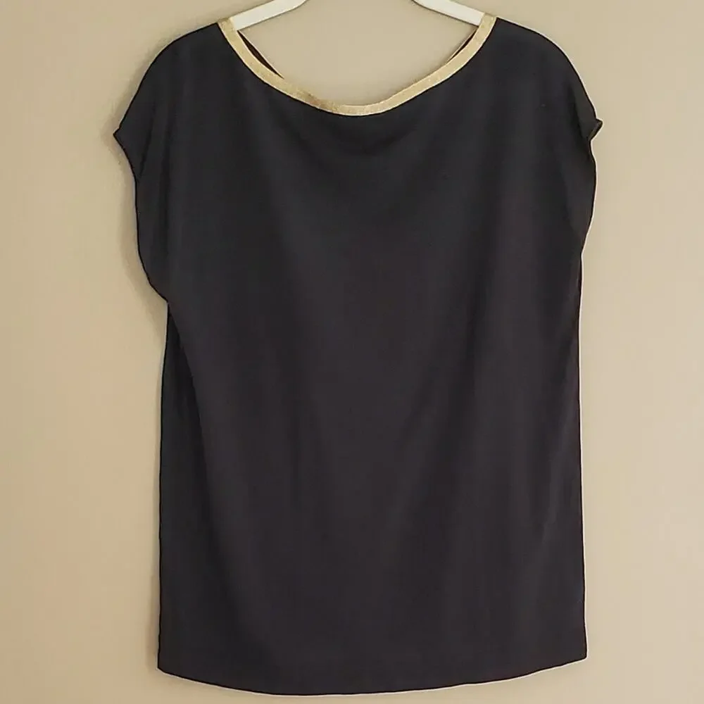 Ann Taylor Classic Black T Shirt Women's Size M Gold Trim‎ Cap Sleeve Minimalist - Picture 3 of 9